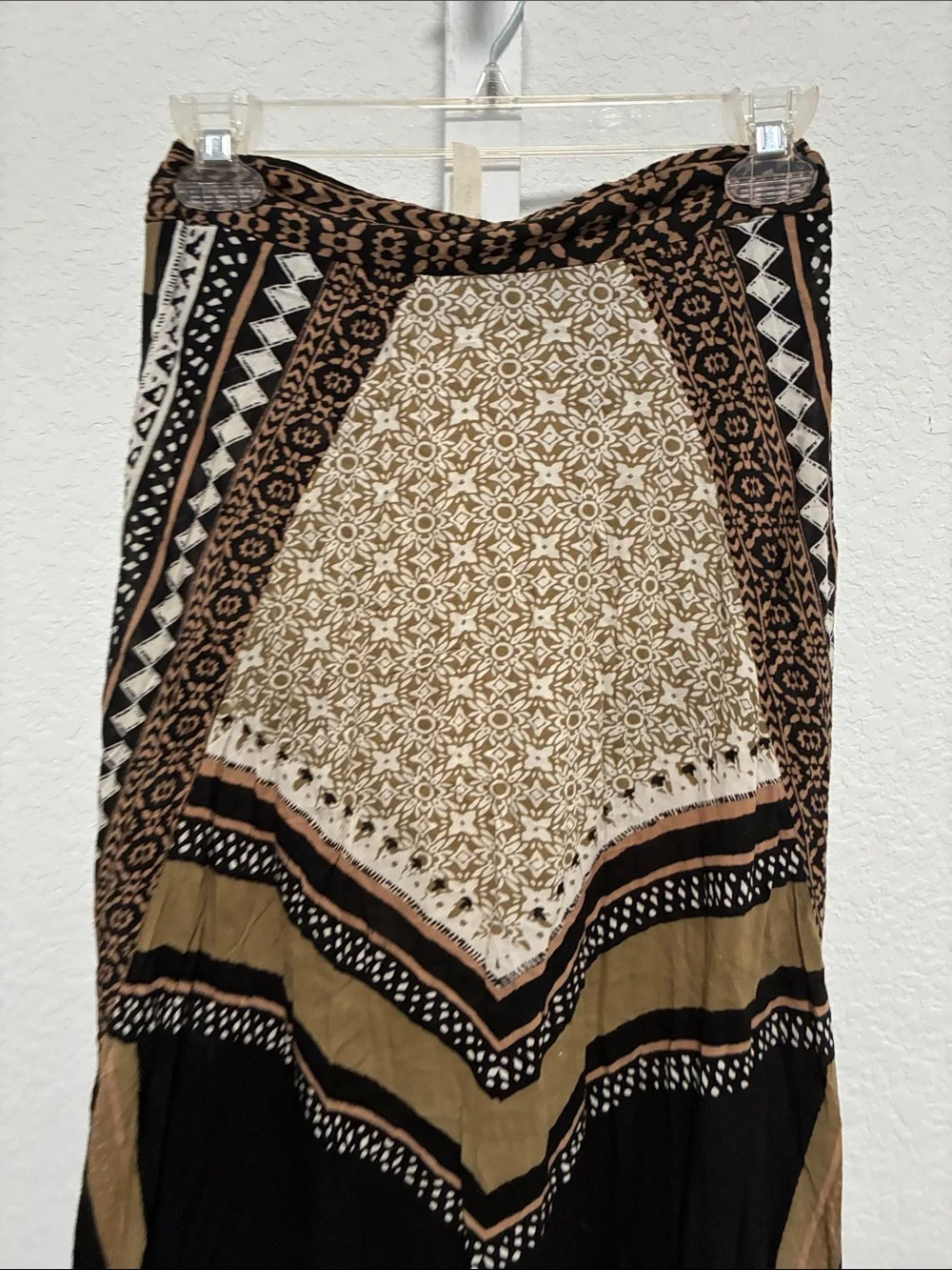 Free People Tan Black Boho Print Handkerchief Hems Midi Skirt